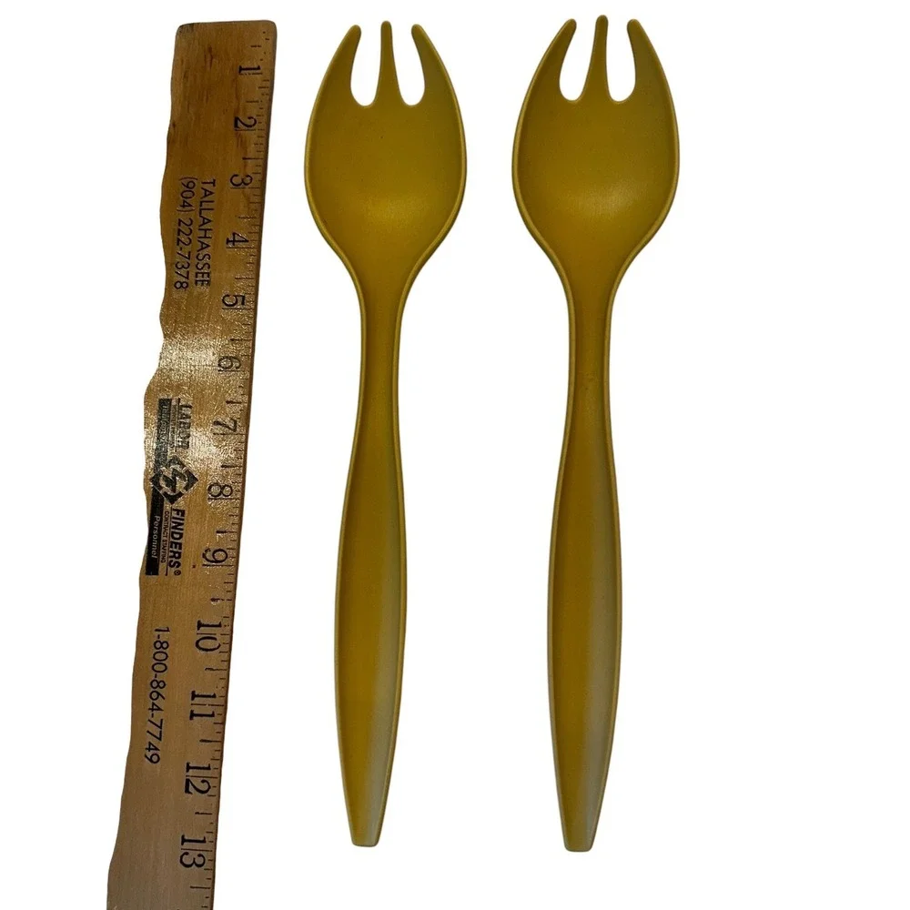Vintage Tupperware Salad Server Set Harvest Gold Mustard Yellow Spork Tongs 12